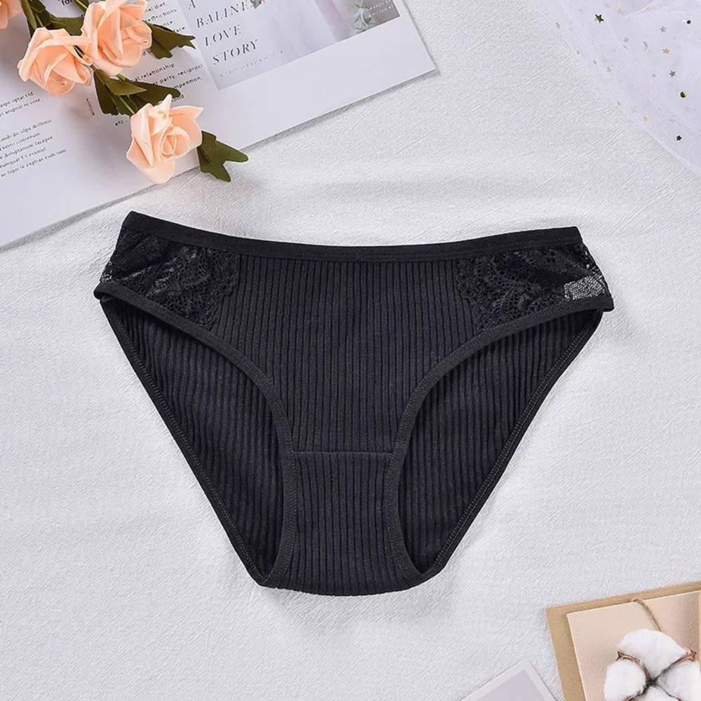 3/$18 New Black Cotton Briefs Underwear Period Panties with Lace Detail Bundle